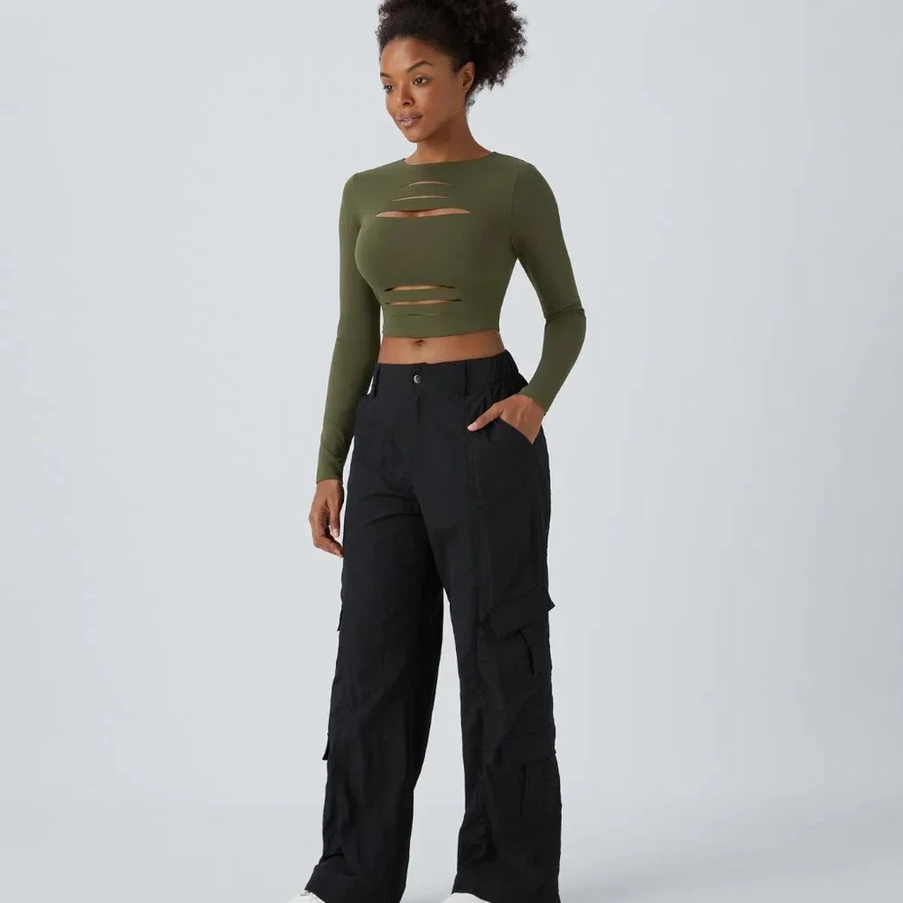 Halara Cut Out Ripped Cropped Top Green - Picture 2 of 5